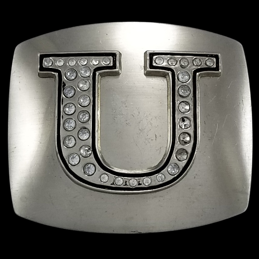 Rhinestone Initial U Belt Buckle Silver‎ Tone Western Fashion Accessory
